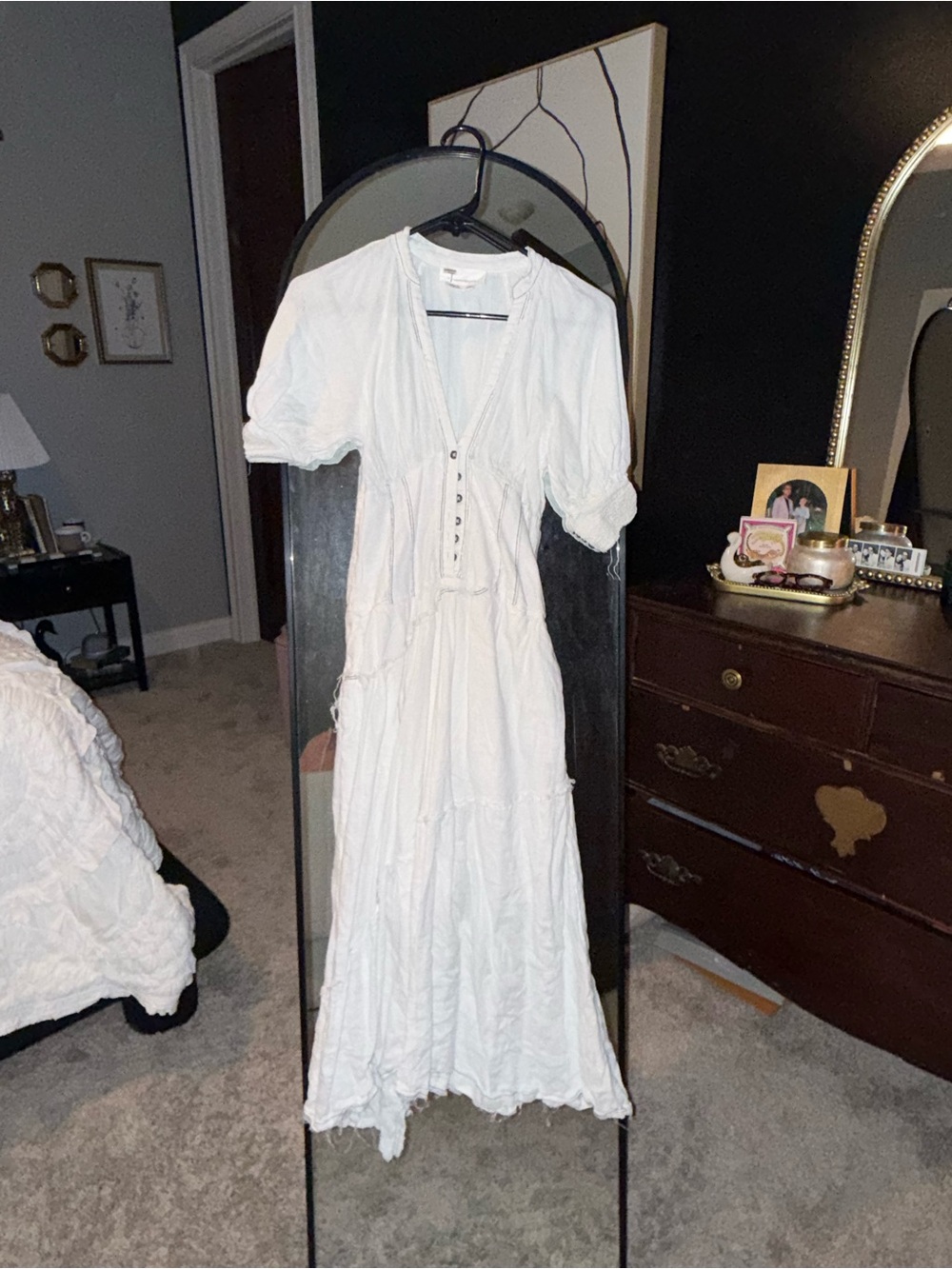 Anthropologie White Midi Puff Sleeve Button-Front Dress